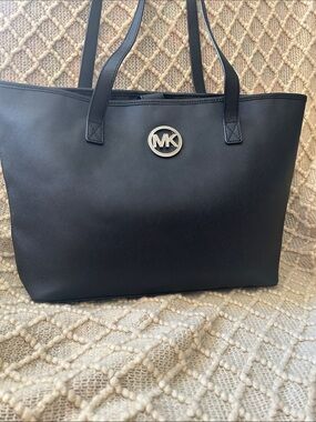 Michael Kors Black Saffiano Leather Tote with MK Medallion in Rhinestones